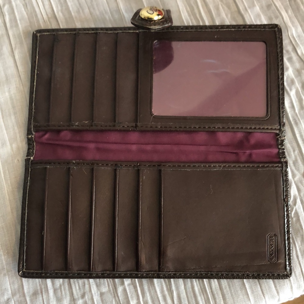 COACH Ashley Signature Silk bifold checkbook wallet brown leather w/purple - Picture 8 of 16